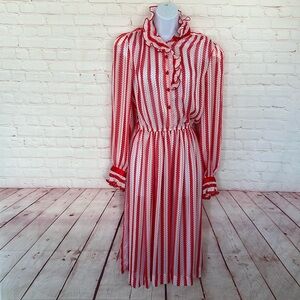 VGT  CONNECTIONS Unión tag semi sheer maxi dress long sleeves red tiny polka dot